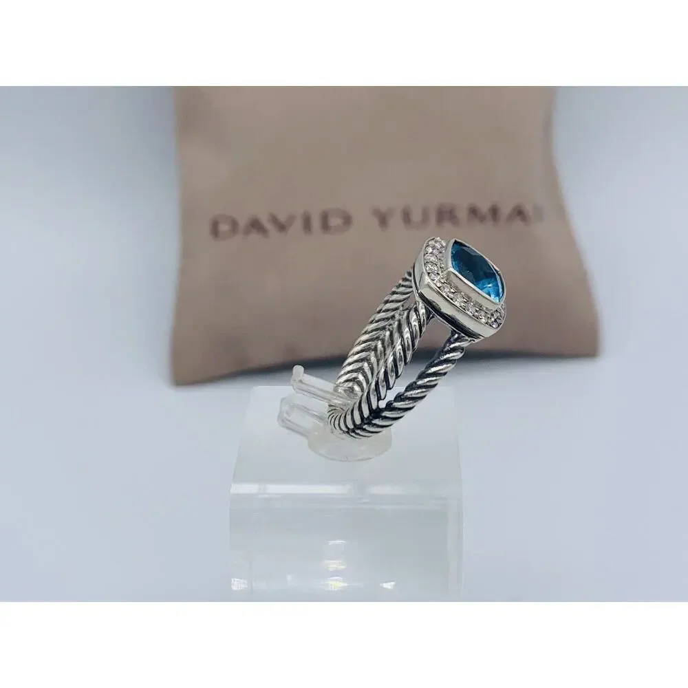 David Yurman Sterling Silver Blue Topaz & Diamond Petite Albion Ring Size 6